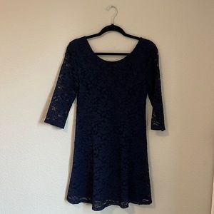 Lush | Navy Lace Sheer 3/4 Sleeve A Line Dress V Neck Back size Medium